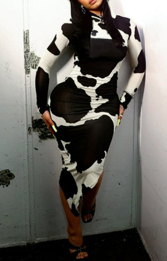 Hooded Collar Cow Pattern Bodycon Dress