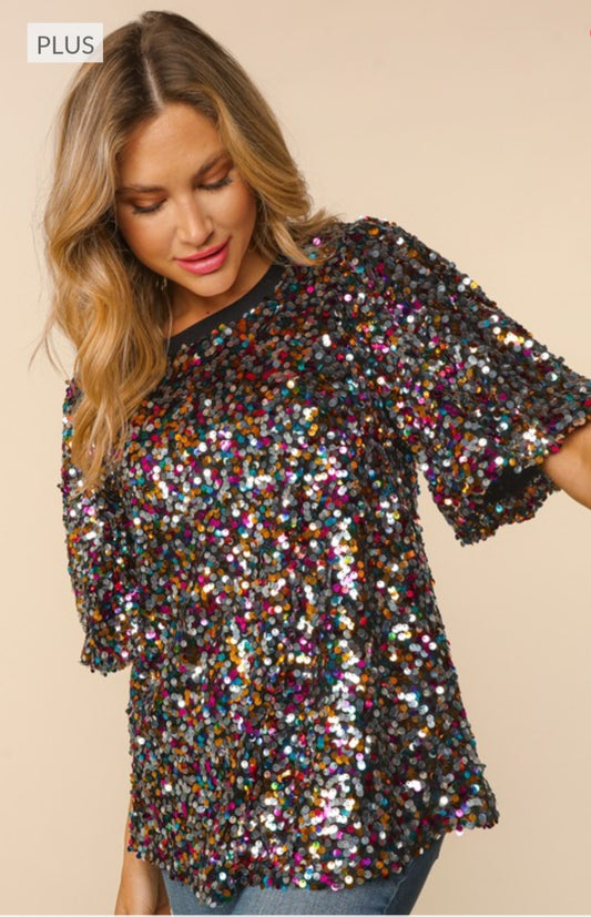 Sequin TopPlus Bubble Short Sleeve Multi Color Sequins Top.