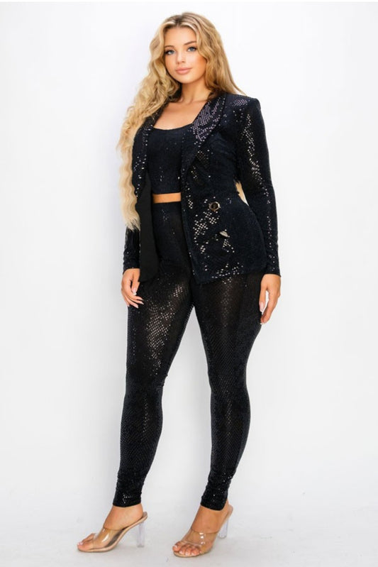 Plus Black Metallic Sequins 3 Piece Blazer Set