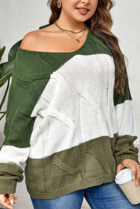 Plus Size Crew Neck Comfortable Warm Seater Heather Green and White