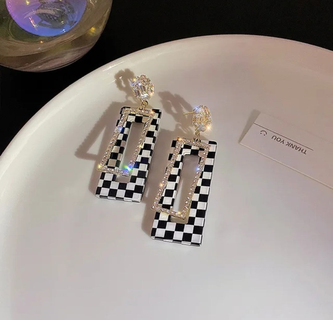 Checkerboard Geometric Rhinestone Earrings