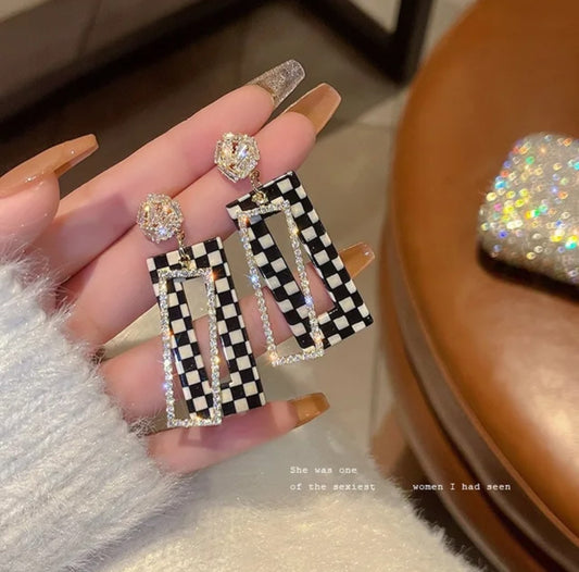 Checkerboard Geometric Rhinestone Earrings